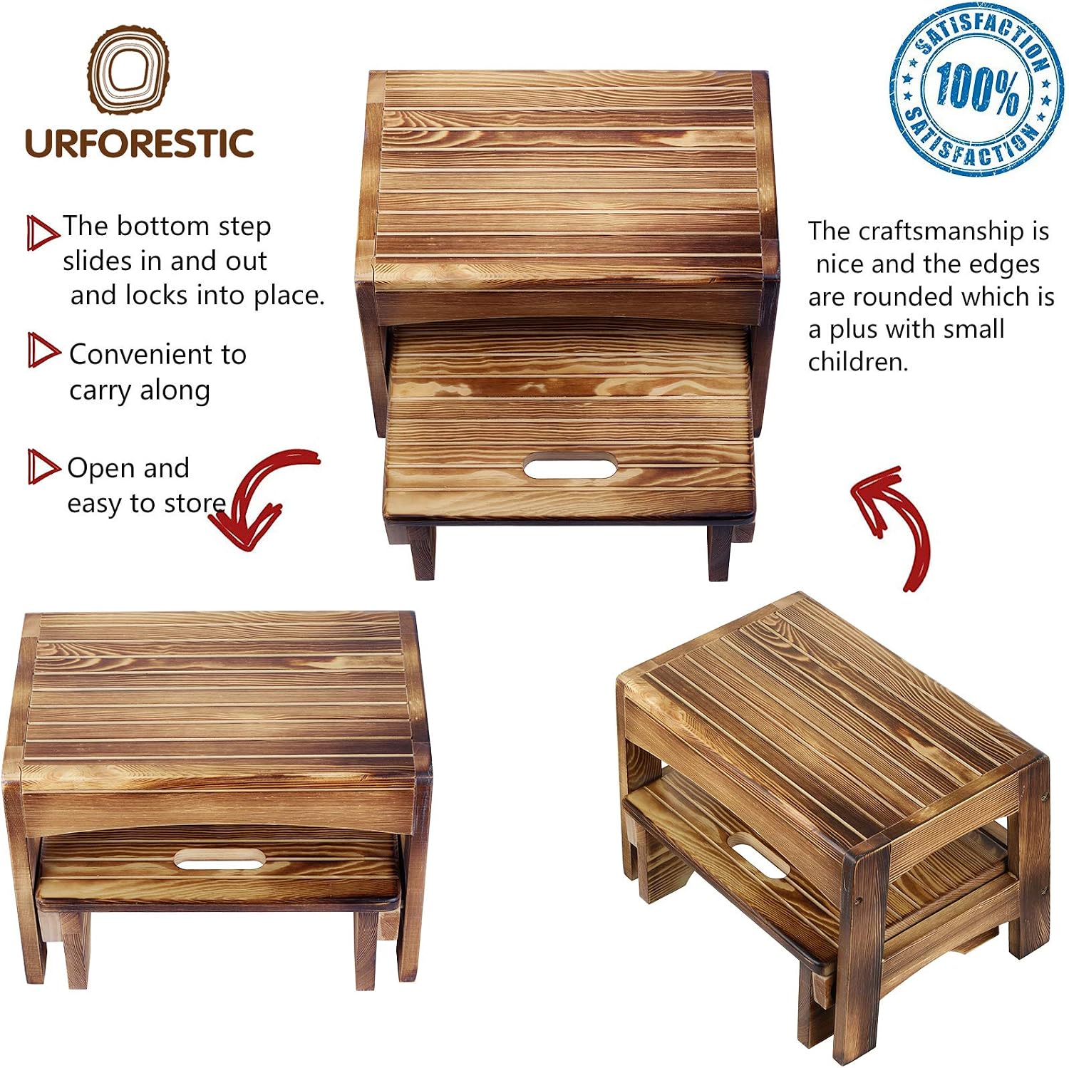 URFORESTIC Handcrafted Solid Wood Bed Step Stool-Foot Stool Kitchen Stools Bed Steps Small Step Ladder Bathroom Stools (Burned)