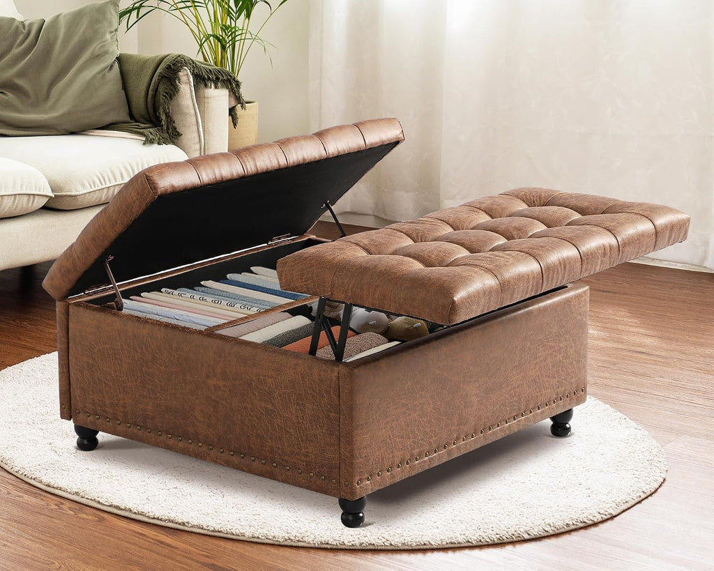 Grepatio 35.5" Large Square Storage Ottoman, Lift Top Ottoman Square Bench with Storage, Tufted Upholstered Ottomans, Ottomans Coffee Tables for Living Room, Bedroom (Brown)