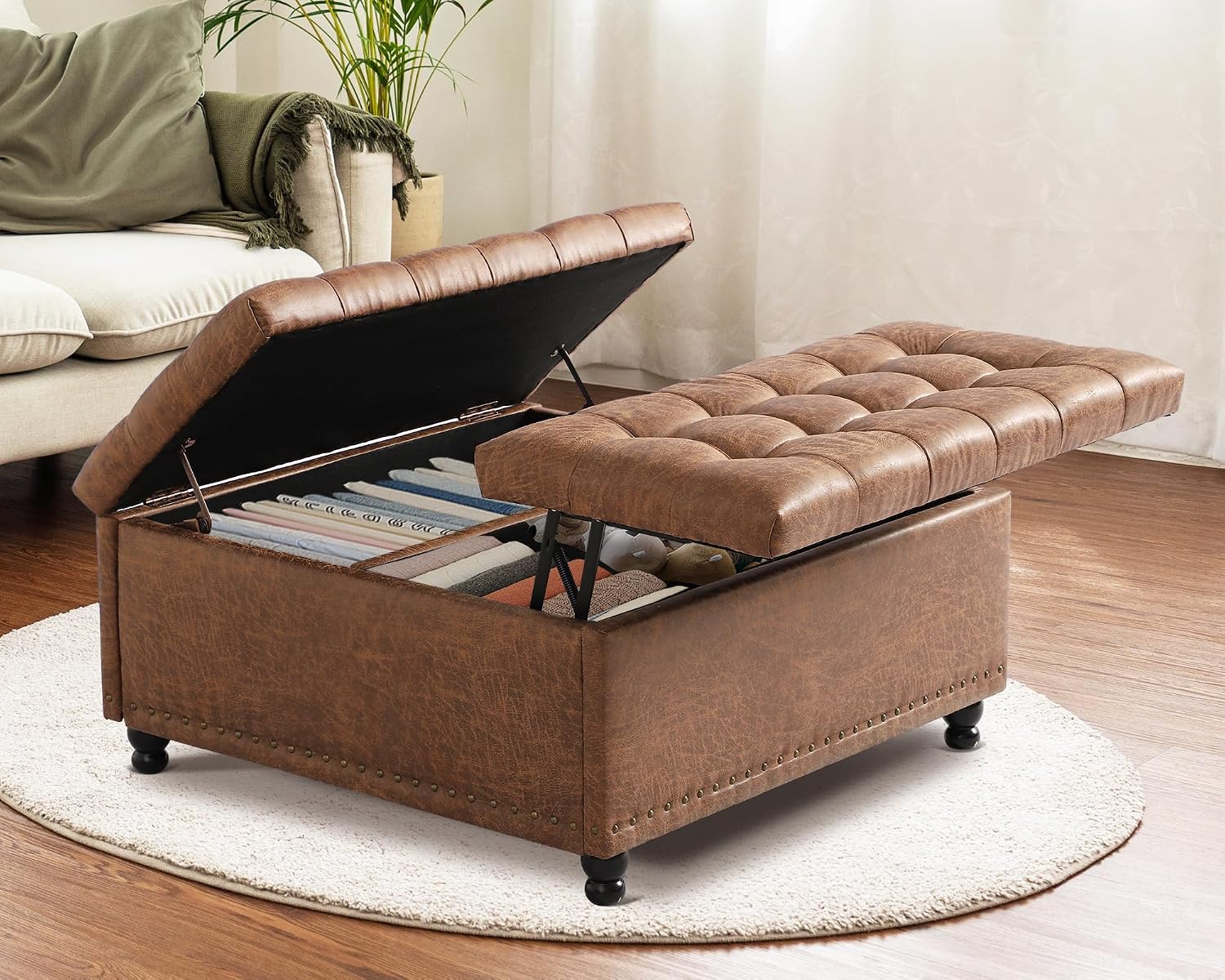 Grepatio 35.5" Large Square Storage Ottoman, Lift Top Ottoman Square Bench with Storage, Tufted Upholstered Ottomans, Ottomans Coffee Tables for Living Room, Bedroom (Brown)
