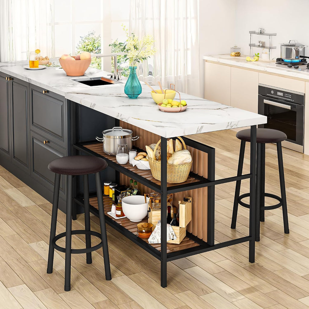 DKLGG Kitchen Island with Stools & Storage, Modern Dining Table Set for 2, 3 Piece Kitchen & Dining Room Sets Island Table for Small Space, Apartment, Home Bar, White