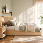 Yechen King Bed Frame with Natural Rattan Headboard and Wooden 4 Storage Drawers, Light Oak Metal Platform Bedframe with Strong Wooden Slats Support, Boho Cane Wood Bed, No Box Spring Needed