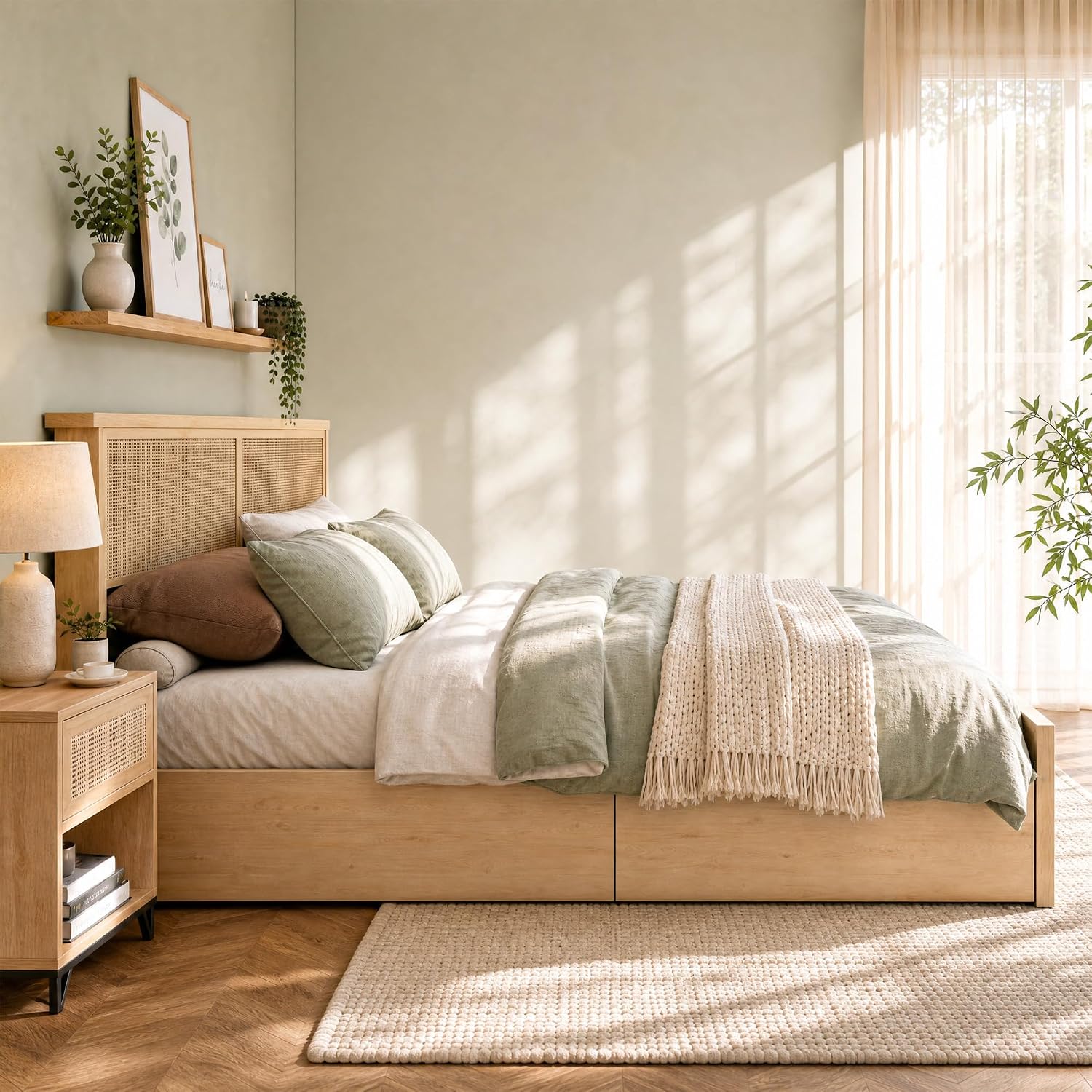 Yechen King Bed Frame with Natural Rattan Headboard and Wooden 4 Storage Drawers, Light Oak Metal Platform Bedframe with Strong Wooden Slats Support, Boho Cane Wood Bed, No Box Spring Needed