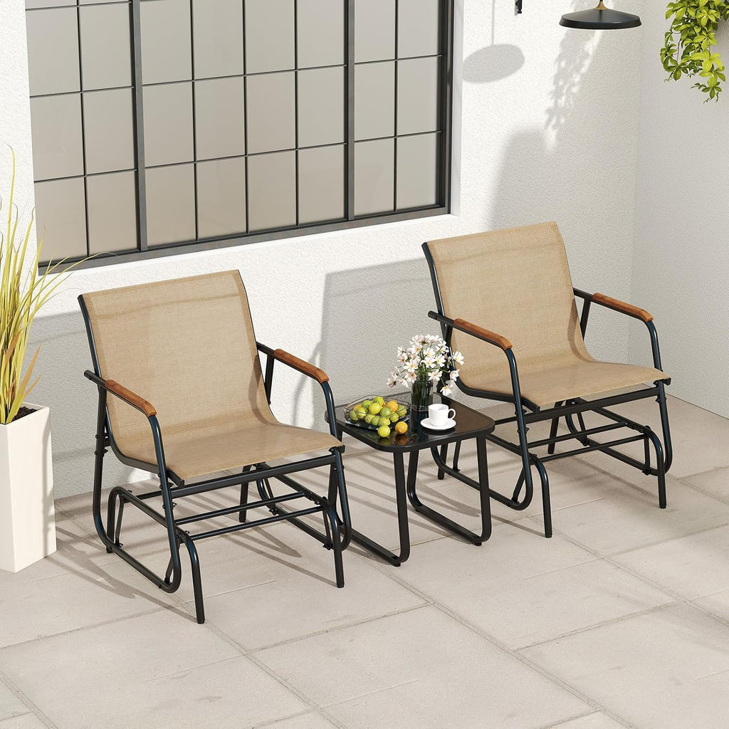 Tangkula 3 Piece Patio Bistro Glider Set, 2 Rocking Chairs w/Tempered Glass Side Table, Patio Furniture Set w/Smooth Rocking Motion, Outdoor Glider Chair Set for Porch, Yard, Balcony