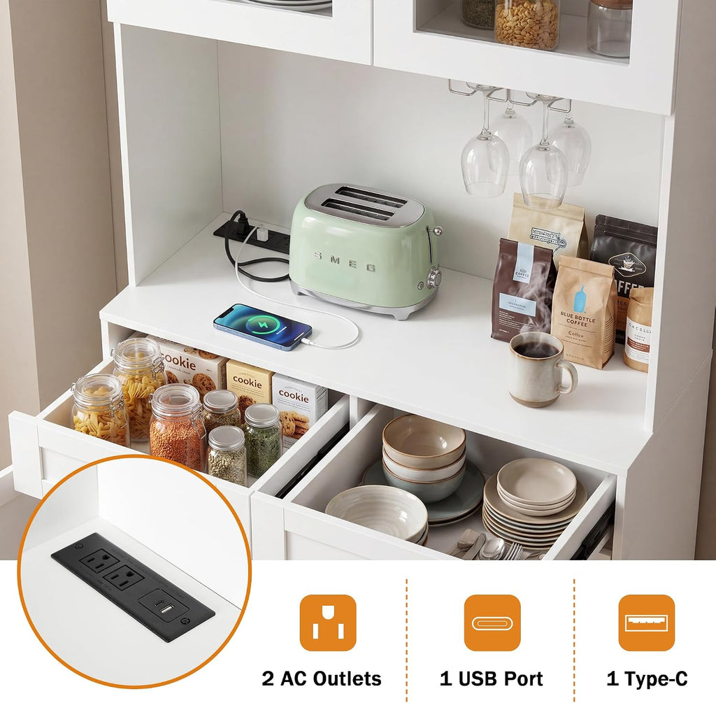 75" Farmhouse Tall Arched Pantry Cabinet with Charging Station, White | Adjustable Shelves, Open Countertop, Barn Door Lower Cabinet, Tempered Glass Display – Versatile Storage for Kitchen