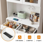 75" Farmhouse Tall Arched Pantry Cabinet with Charging Station, White | Adjustable Shelves, Open Countertop, Barn Door Lower Cabinet, Tempered Glass Display – Versatile Storage for Kitchen