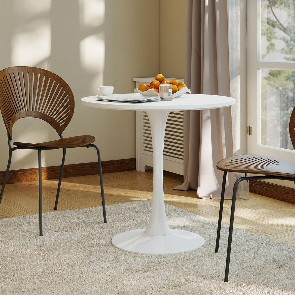 27.5" White Round Dining Table, MDF Top with Metal Pedestal Base, Modern Accent Table for Small Spaces, Kitchen, Dining Room & Living Room