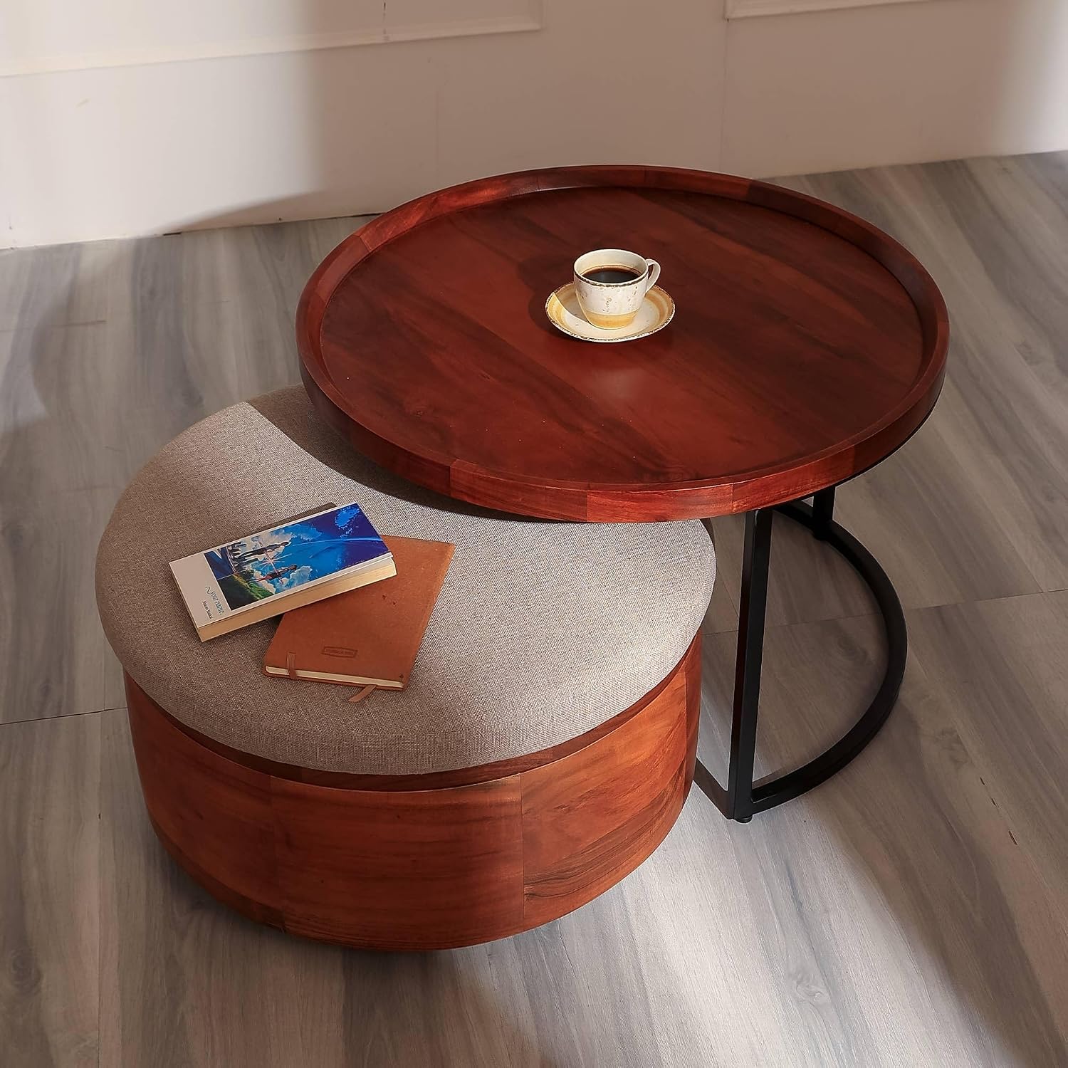 Wooden Table with Metal Stand and Nesting Drum, 27.5X27.5X18