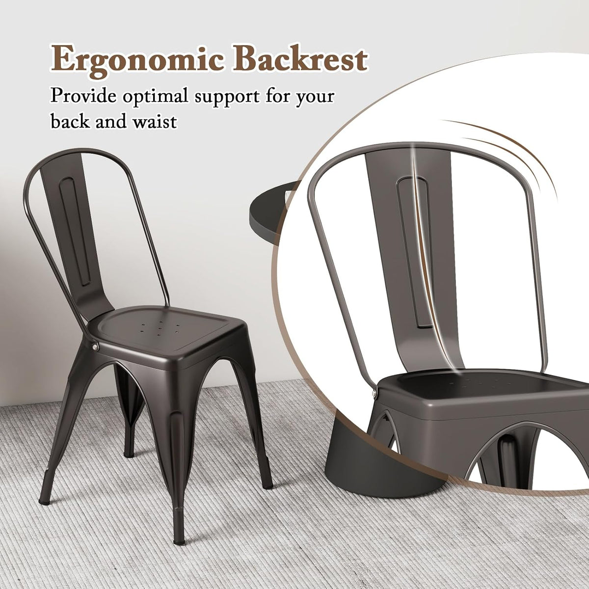 Giantex Metal Dining Chairs Set of 4, Farmhouse Kitchen Chairs with Removable Backrest, Space-Saving Stackable Bistro Cafe Side Chairs for Dining Room, Living Room, Restaurant (Bronze)