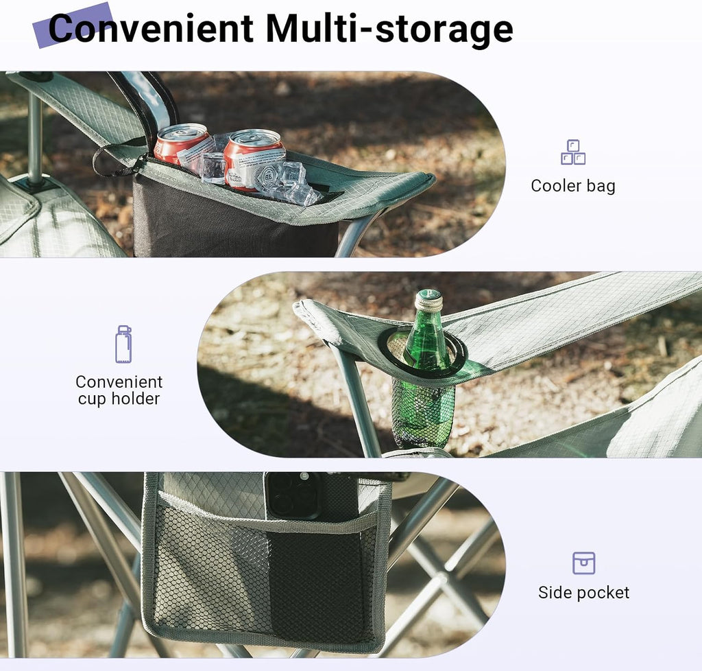Camping Chairs Portable Folding Lightweight Outdoor Lawn Chair for Adults with Cooler Bag, Cup Holder and Side Pocket for Camping, Beach, Sports, Hiking, Fishing, Gray Black