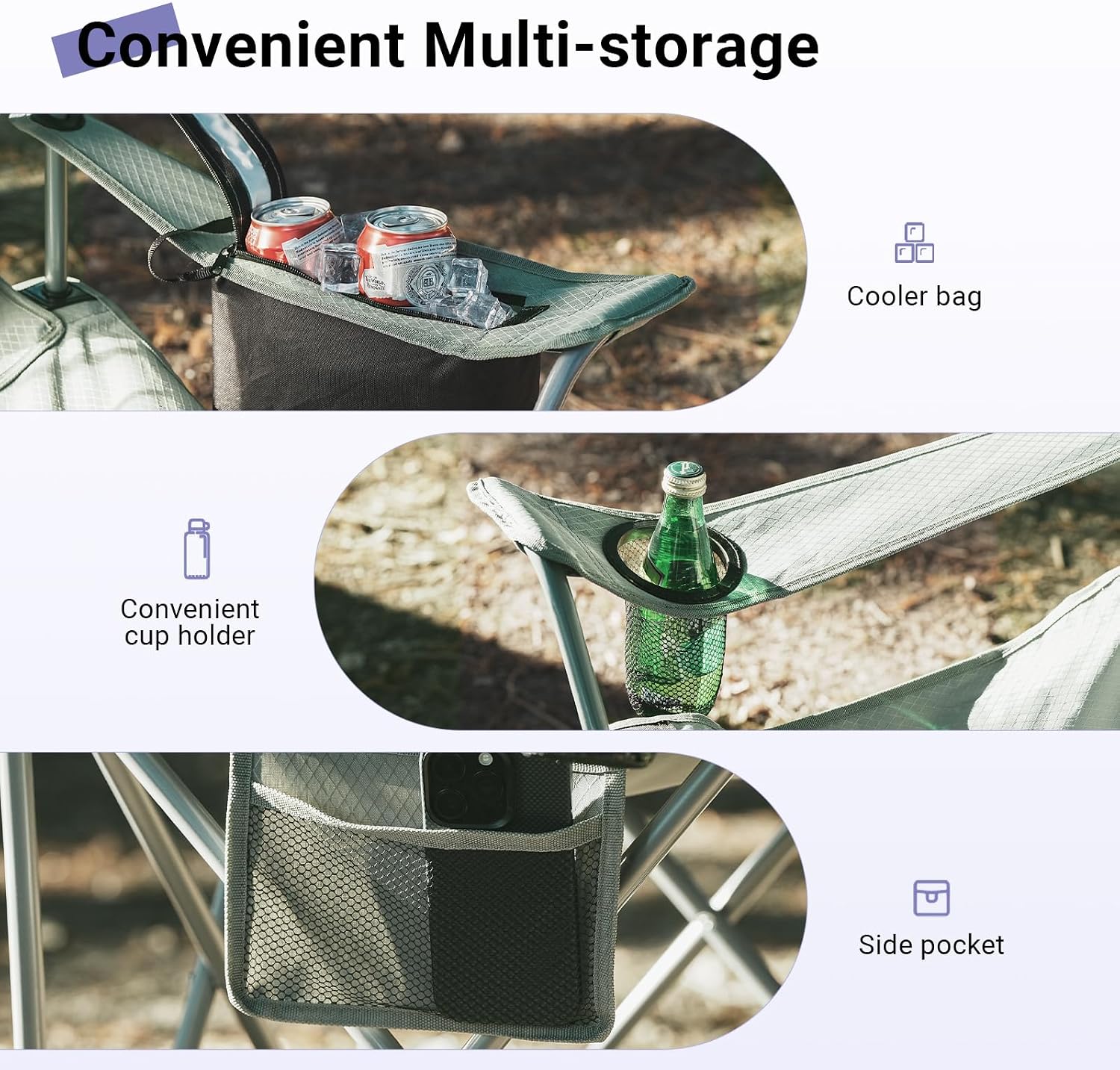 Camping Chairs Portable Folding Lightweight Outdoor Lawn Chair for Adults with Cooler Bag, Cup Holder and Side Pocket for Camping, Beach, Sports, Hiking, Fishing, Gray Black