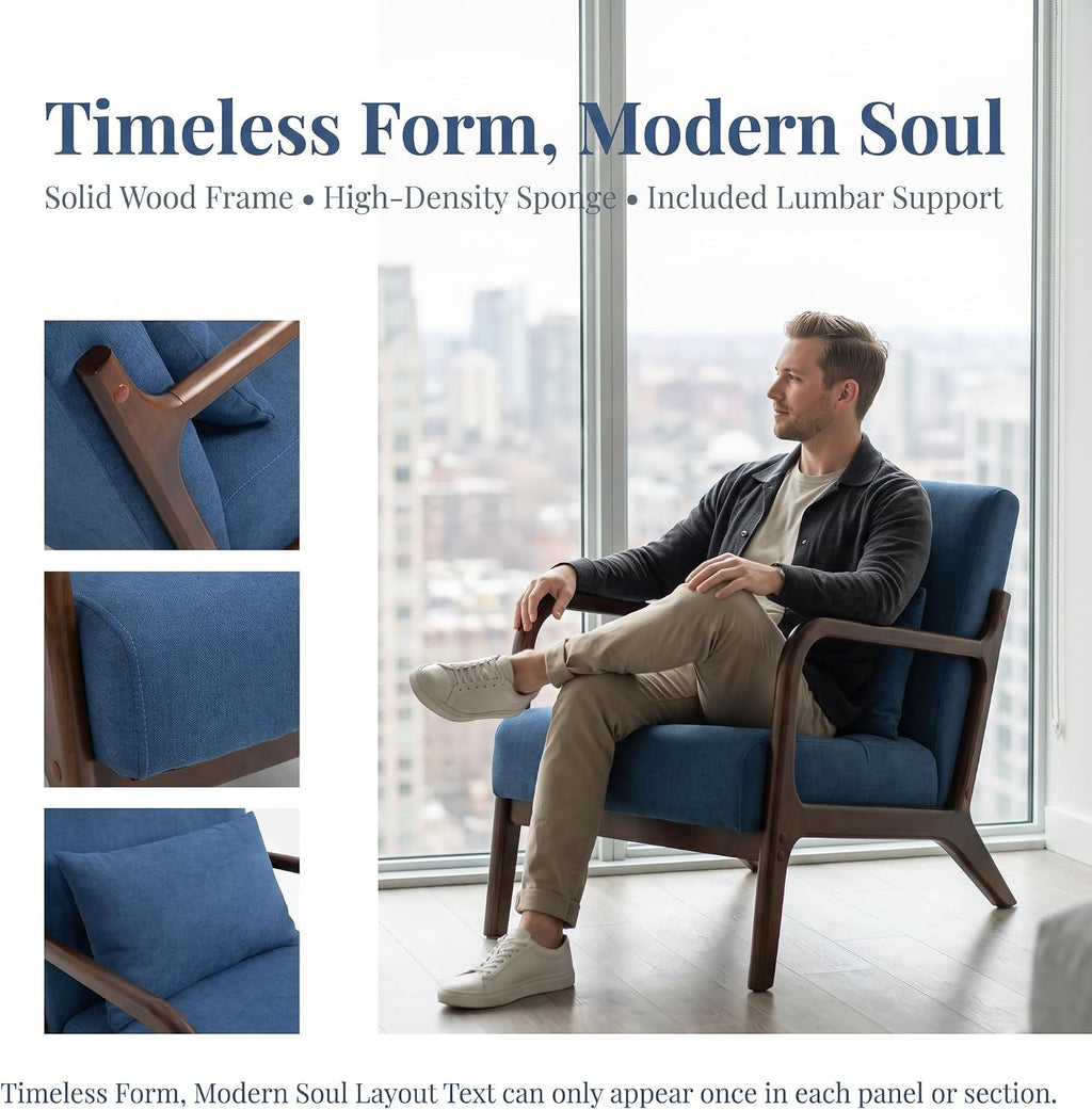 Komene Mid Century Modern Accent Chair Sitting Chair with Solid Wood Frame, Upholstered Living Room Lounge Armchair with Waist Cushion, Comfy Reading Chair for Bedroom Sunroom Office,Blue