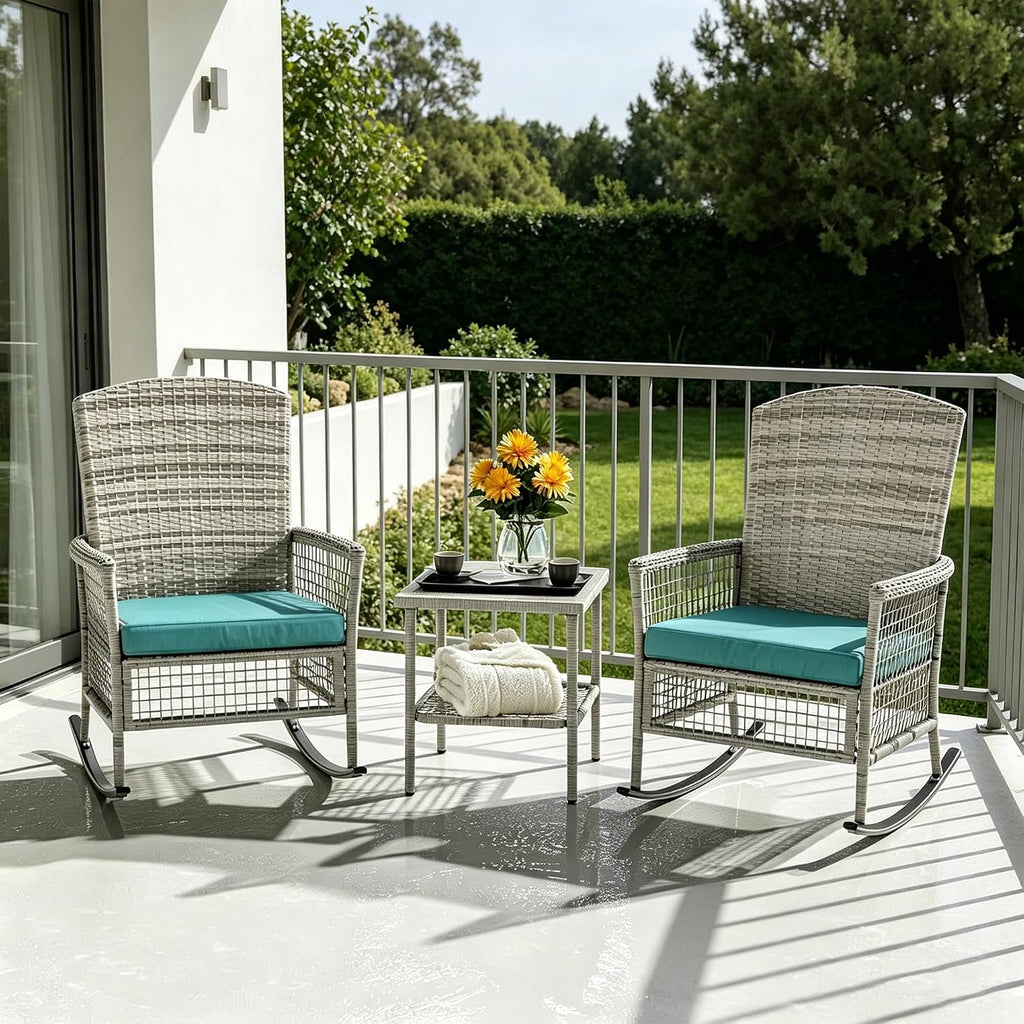 DECMICO Outdoor Rattan Wicker Rocking Chair, 3 Pieces Patio Conversation Furniture Bistro Sets with Side Table and Cushions for Porch Garden and Balcony