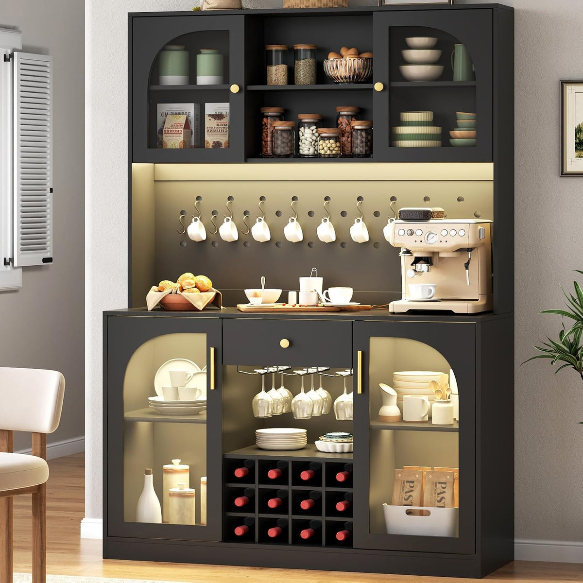 72'' Large Kitchen Pantry Cabinet with LED Light, Black Kitchen Hutch with Pegboard & Wine Racks, Modern Pantry Cupboard with Countertop & Storage Drawers, Tall Bar Cabinet for Dining Room, Home