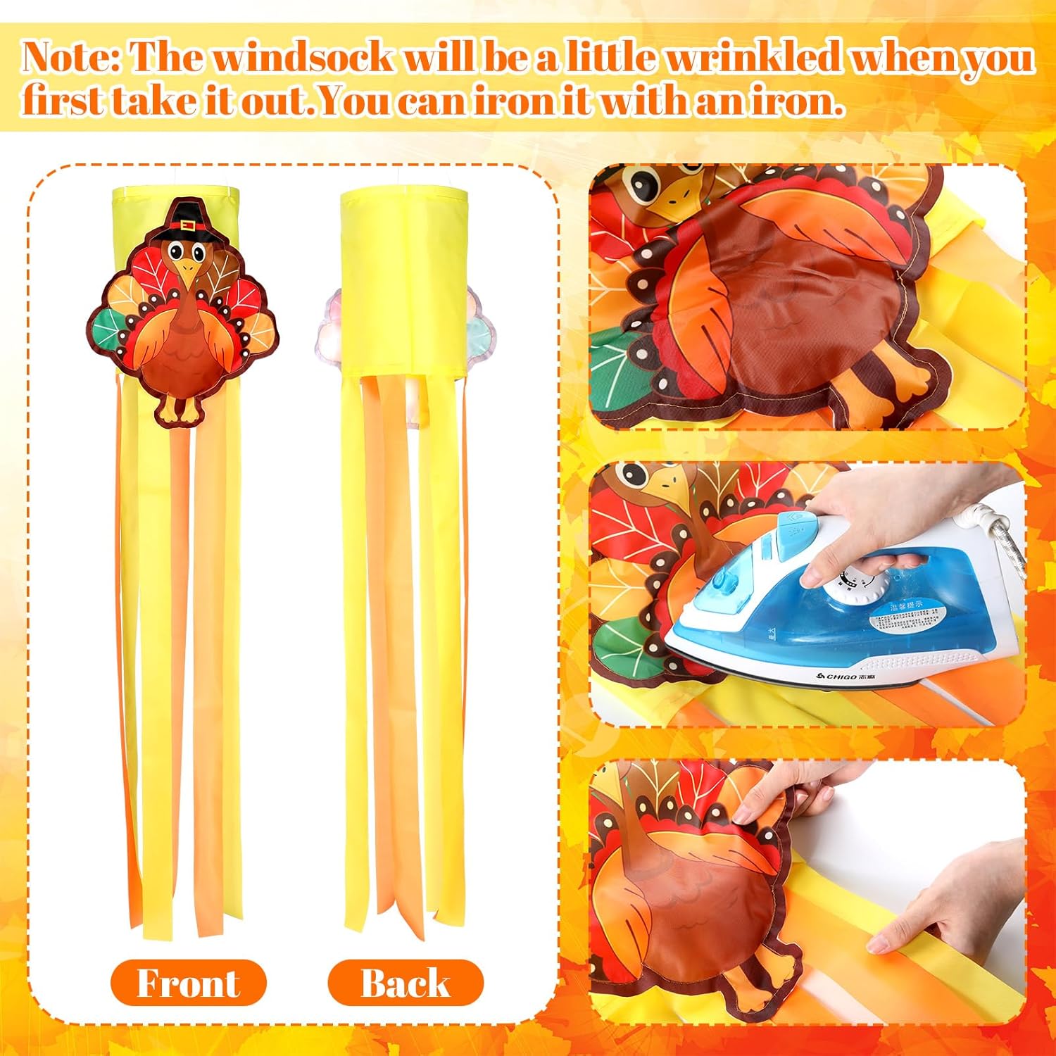 2 Pcs Thanksgiving Turkey Windsocks 40'' Fall Thanksgiving Outdoor Hanging Decoration Vintage Windsock with Pilgrim Hat Colorful Streamer for Autumn Party Farmhouse Window Yard Garden Decor