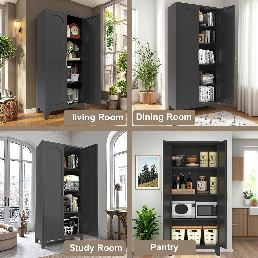 RYH Metal Pantry Cabinet with Doors & 3/4 Shelves, Kitchen Storage Cabinet, Large White Utility Cupboard for Kitchen, Dining Room, Office, Living Room (Black, 70.87" H×31.5" W×15.7" D)