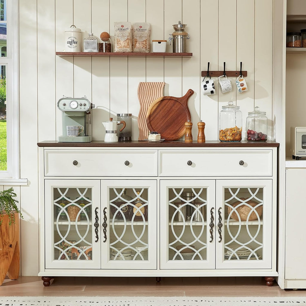 Joaxswe Farmhouse Sideboard Buffet Cabinet with Storage,59" Large Credenza with 4 Glass Doors & 2 Drawers, Wood Kitchen Coffee Bar, Adjustable Shelves Console Table for Dining Room,Living Room,White