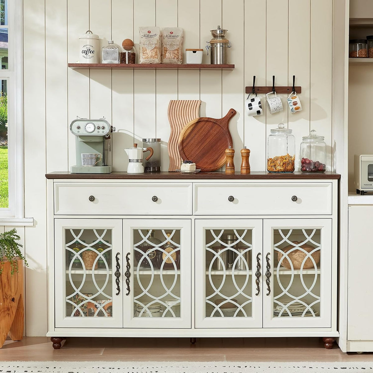 Joaxswe Farmhouse Sideboard Buffet Cabinet with Storage,59" Large Credenza with 4 Glass Doors & 2 Drawers, Wood Kitchen Coffee Bar, Adjustable Shelves Console Table for Dining Room,Living Room,White