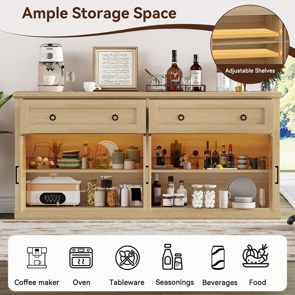 63'' Sideboard Buffet Cabinet with Storage, Modern Storage Cabinet with Outlets & LED Light, 2 Drawers and 4 Doors, Adjustable Shelves, Coffee Bar Cabinets for Kitchen Living Room, Wood