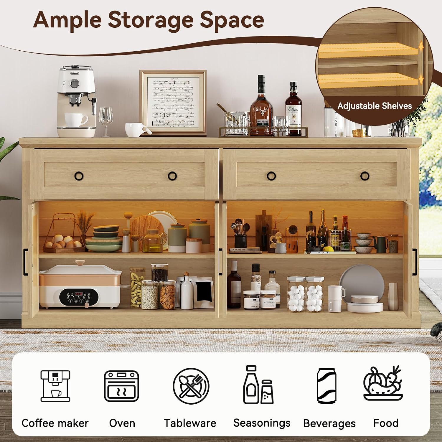 63'' Sideboard Buffet Cabinet with Storage, Modern Storage Cabinet with Outlets & LED Light, 2 Drawers and 4 Doors, Adjustable Shelves, Coffee Bar Cabinets for Kitchen Living Room, Wood