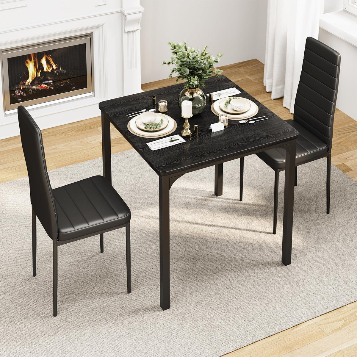 Gizoon Kitchen Table for 2, Table and Chairs Set of 2, 3 Piece Dinner Table Set with 2 Upholstered PU Leather Chairs for Dining Room, Living Room, Apartment, Small Space, Black