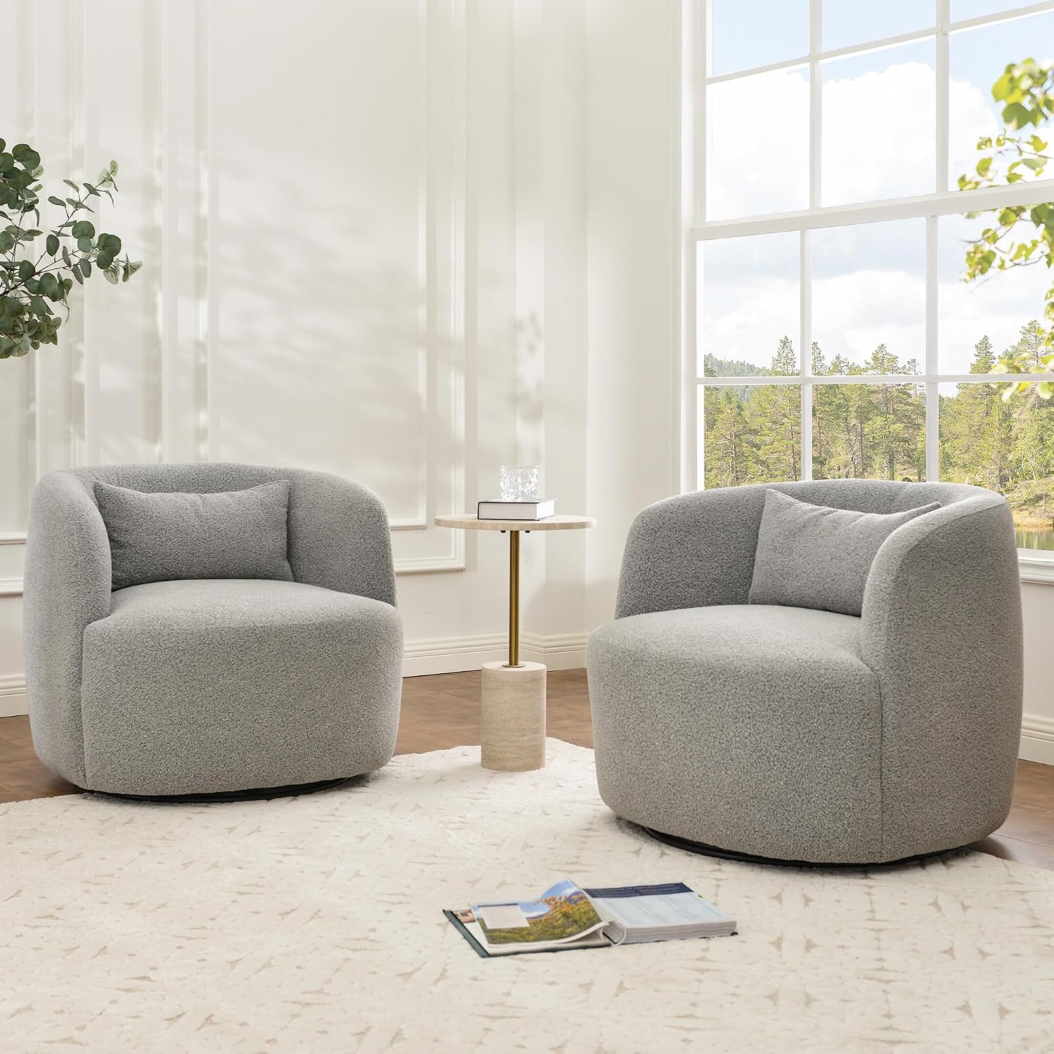 KINWELL 34" Wide Sherpa Swivel Barrel Chairs Set of 2, No Assembly Round Boucle Upholstered Accent Chairs Armchairs Single Sofa Chair with Toss Pillow for Living Room and Bedroom, Gray