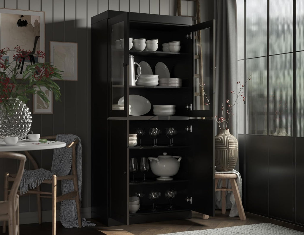 Palace Imports Solid Wood Tall Pantry Cabinet – 71.5" H x 32" W – Black Wooden Storage Cabinet for Kitchen w/Clear Glass/Shaker Doors & 4 Adjustable Shelves, 100% Eco-Friendly Wood, Made in Brazil