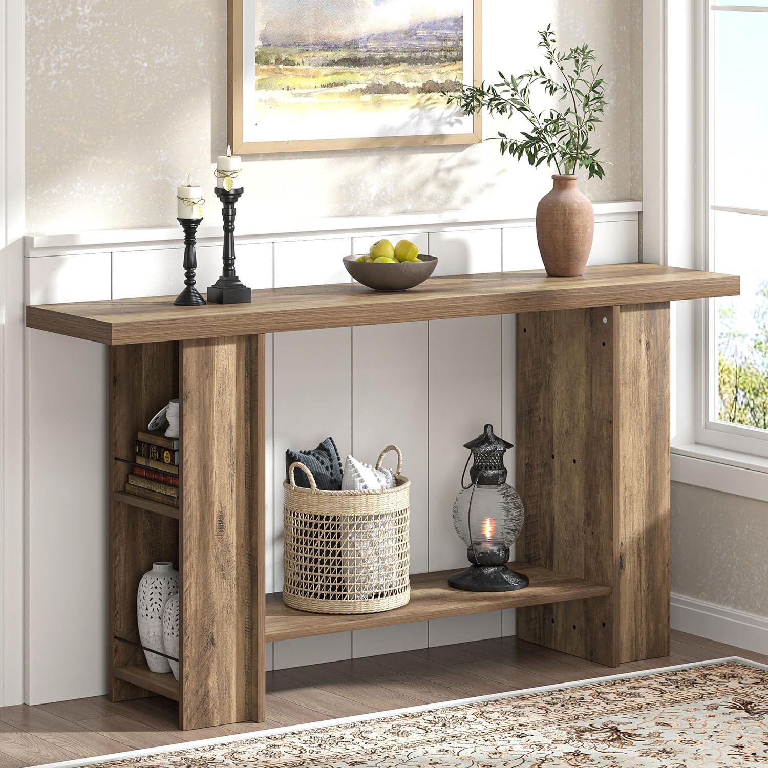 FOLUBAN 53 Inch Long Entryway Table, 2-Tier Wood Console Table with Storage Side Shelves, Farmhouse Sofa Table for Living Room, Narrow Hallway Foyer Table Behind Couch for Home Decor, Rustic Oak