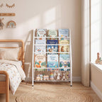 JAQ Kids Bookshelf for Toddlers, 4-Tier Toddler Bookshelf, Forward Facing Kids Book Shelf, Metal Book Display Shelf for Nursery, Playroom & Classroom, Sling Bookshelf for Small Spaces, White, 24.8"