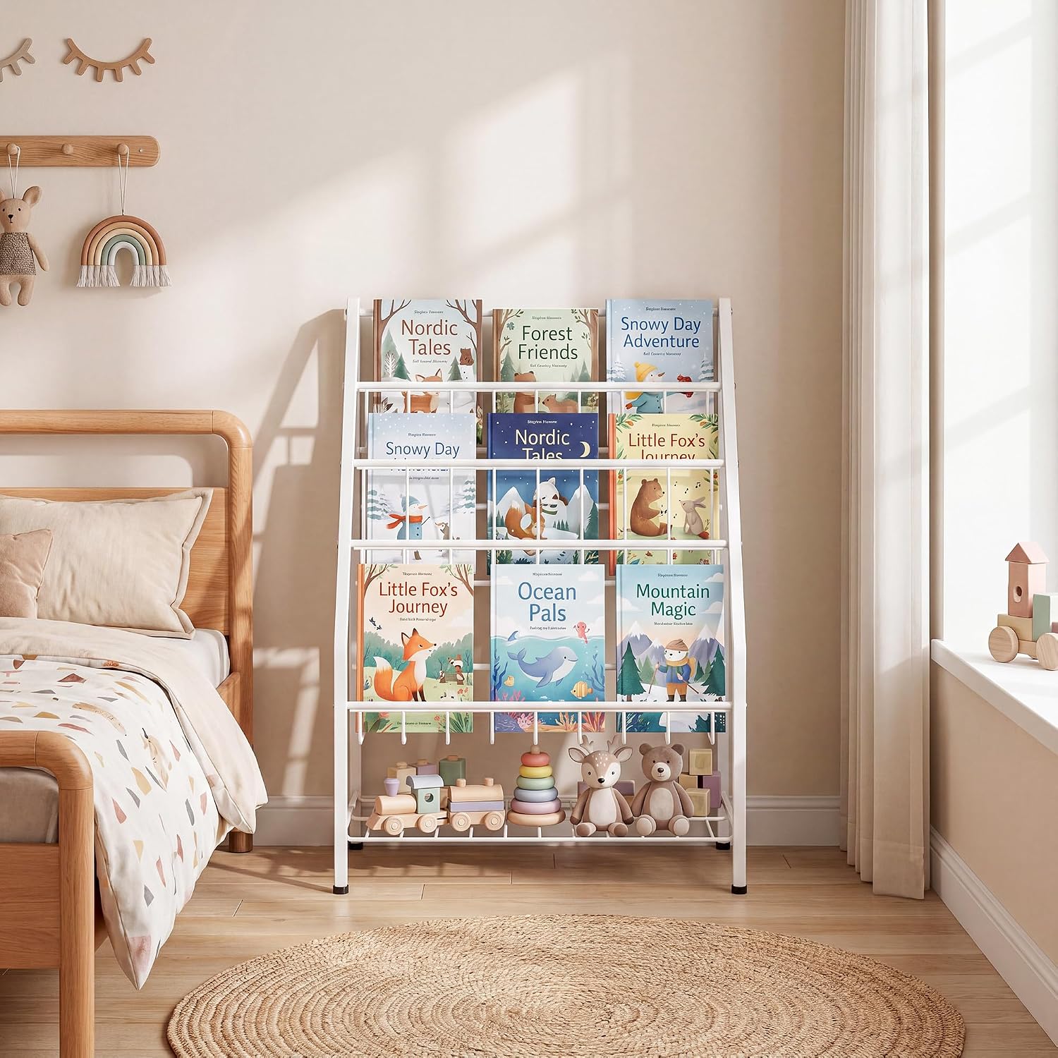 JAQ Kids Bookshelf for Toddlers, 4-Tier Toddler Bookshelf, Forward Facing Kids Book Shelf, Metal Book Display Shelf for Nursery, Playroom & Classroom, Sling Bookshelf for Small Spaces, White, 24.8"