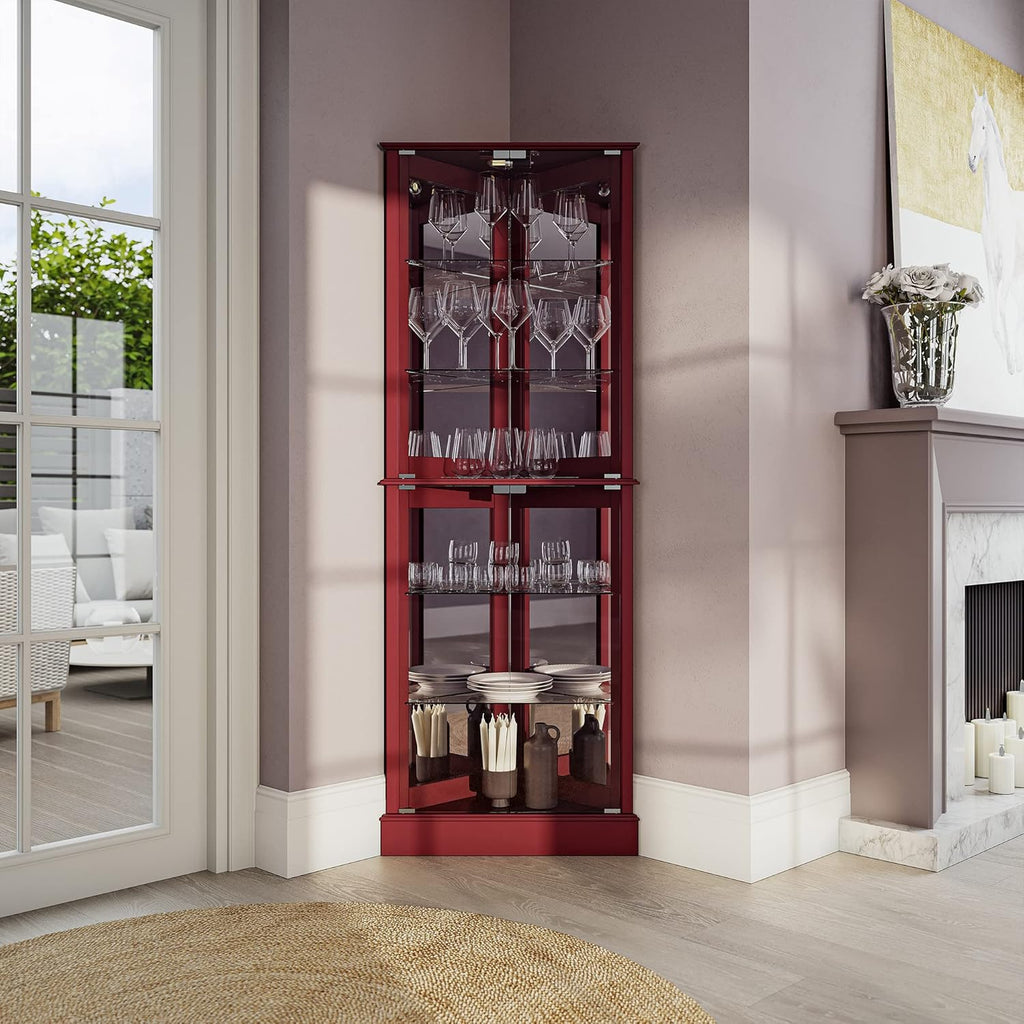 BELLEZE Lighted Corner Display Curio Cabinet Wooden Shelving Unit with Tempered Glass Door, Bar and Liquor Storage Area with 6 Shelves - Woody (Cherry)