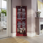 BELLEZE Lighted Corner Display Curio Cabinet Wooden Shelving Unit with Tempered Glass Door, Bar and Liquor Storage Area with 6 Shelves - Woody (Cherry)
