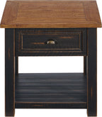 Monterey Farmhouse Rustic End Table, Solid Pine Wood Coastal Side Table with Drawer and Shelf. Black and Honey.