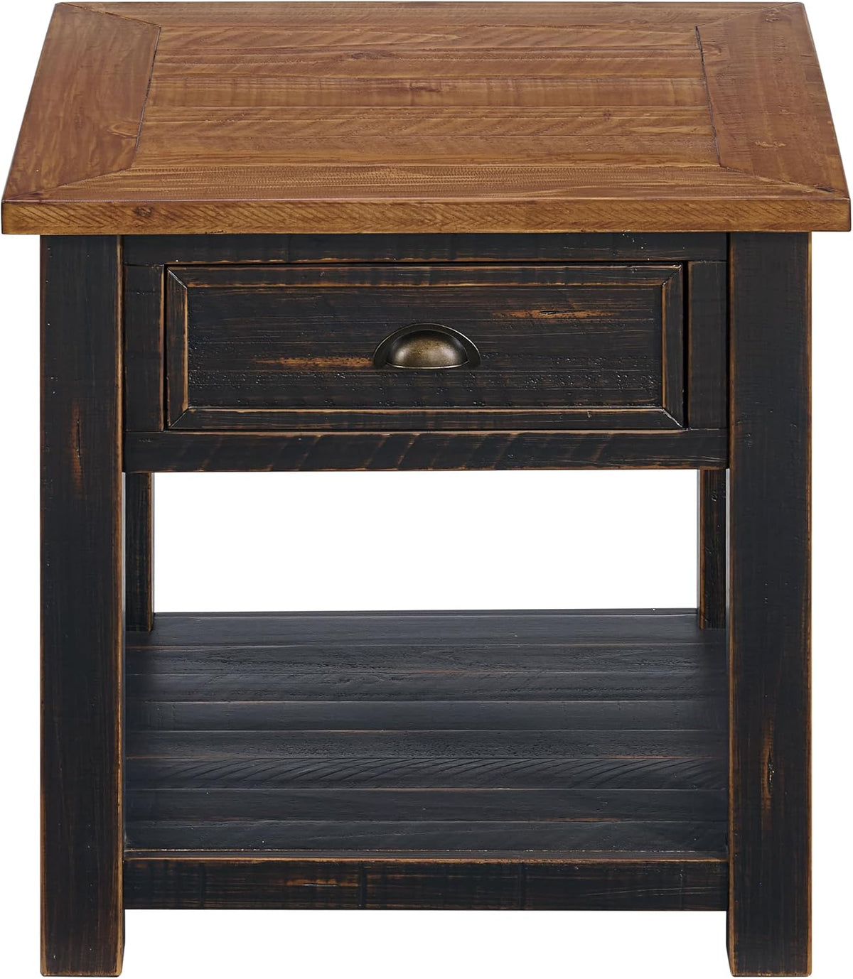 Monterey Farmhouse Rustic End Table, Solid Pine Wood Coastal Side Table with Drawer and Shelf. Black and Honey.