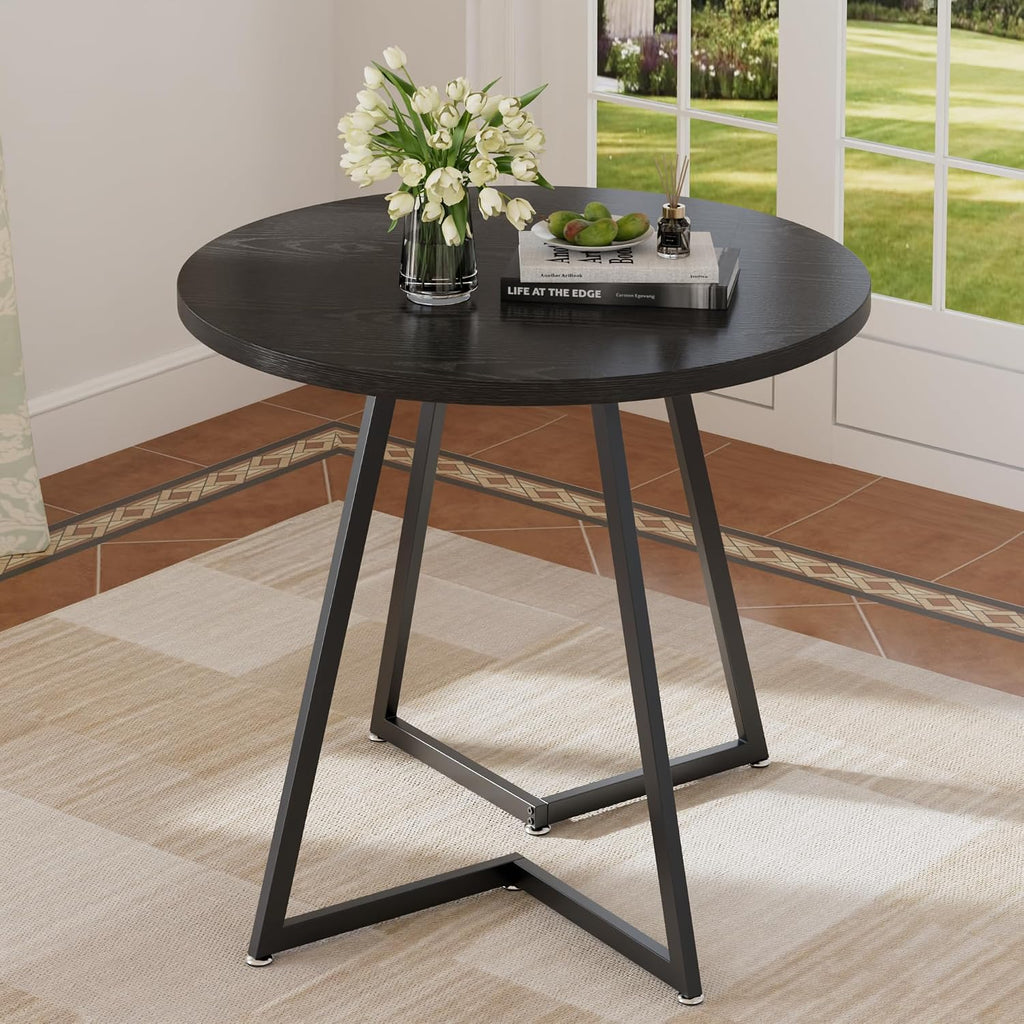 VECELO Round Dining Room Table with Wood Grain Tabletop and Steel Frame, for Kitchen, Living Room, Office, Conference, 2 to 4 Person, Black