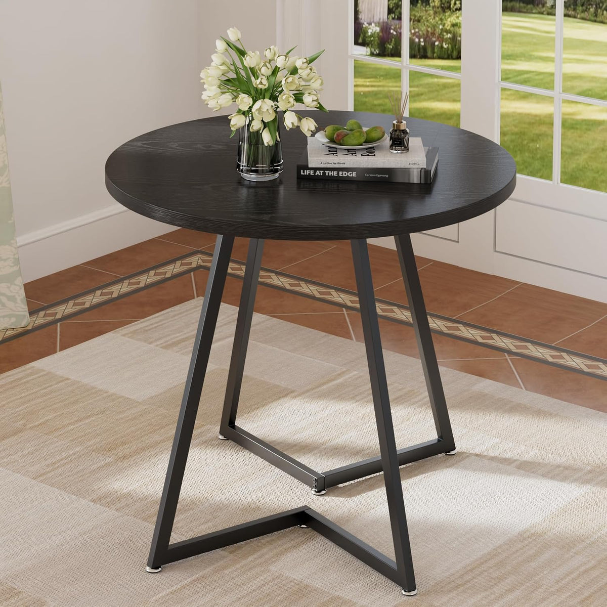 VECELO Round Dining Room Table with Wood Grain Tabletop and Steel Frame, for Kitchen, Living Room, Office, Conference, 2 to 4 Person, Black