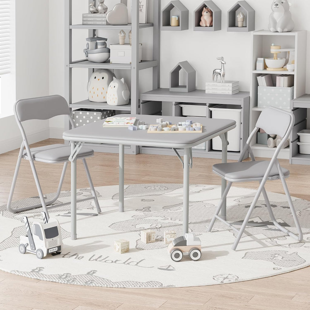 Kids Folding Table and Chairs Set 3-Piece PU Padded No Assembly | Fold-Flat Design + No Assembly + PU Padded Comfort – A Perfect Space-Saving Activity Set for Kids Ages 2-8