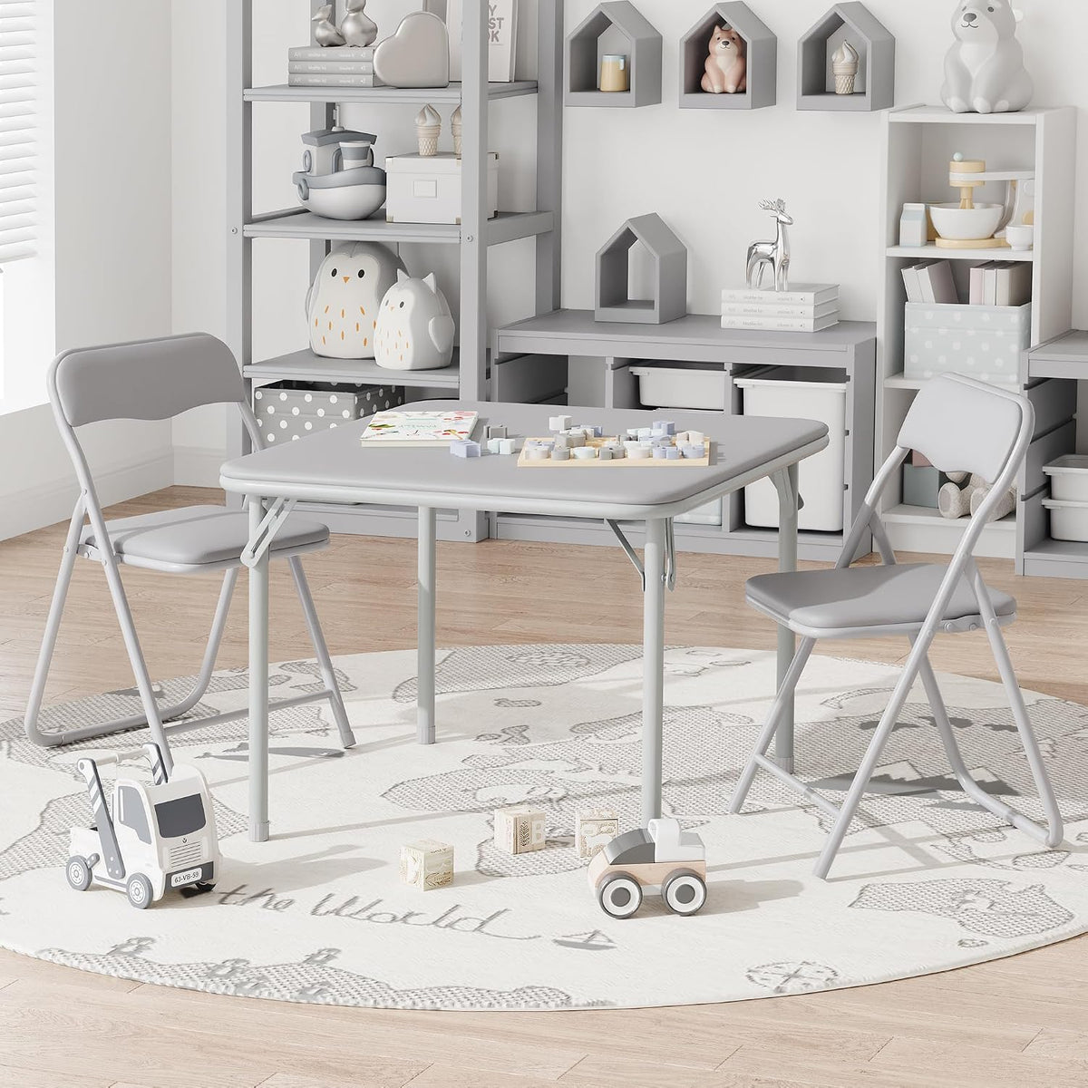 Kids Folding Table and Chairs Set 3-Piece PU Padded No Assembly | Fold-Flat Design + No Assembly + PU Padded Comfort – A Perfect Space-Saving Activity Set for Kids Ages 2-8