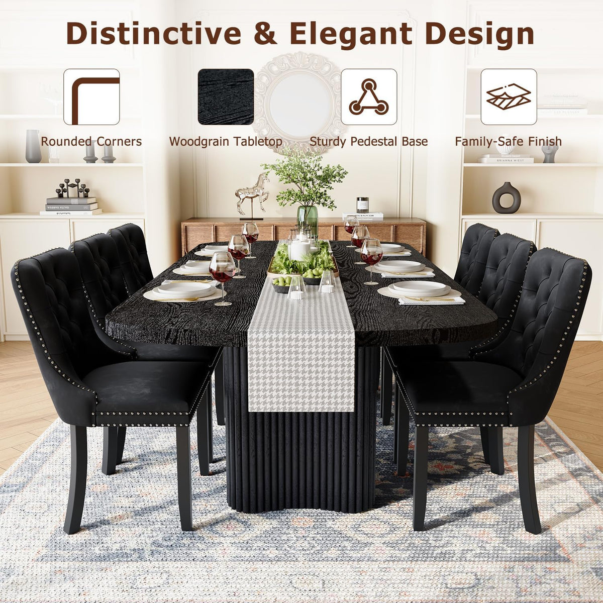 Dining Table Set for 8, 79'' Large Modern Rectangular Dining Room Table with 8 Velvet Chairs, Black Wood Finish, Reinforced Pedestal Base & Thick Tabletop, Stable Design for Home Dining