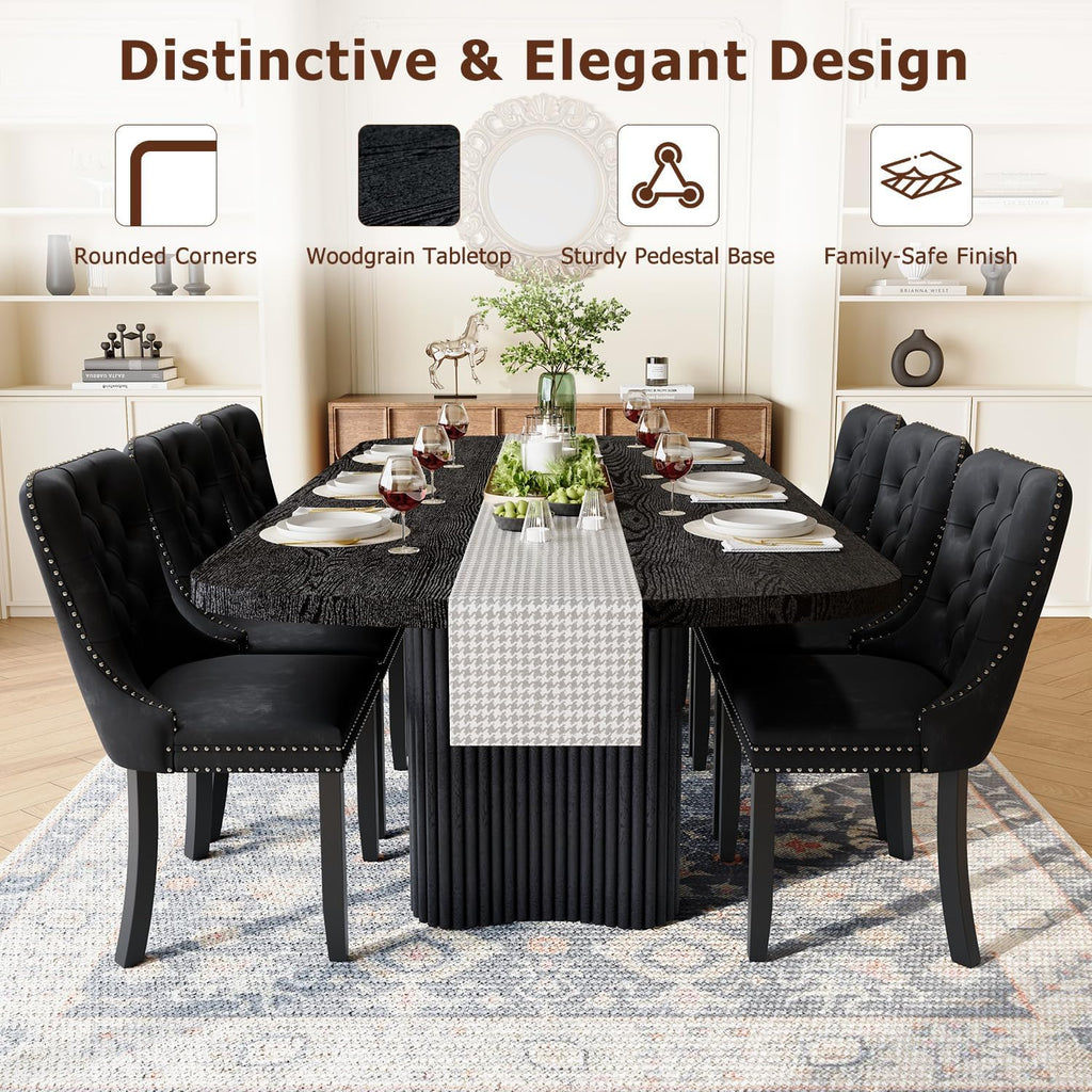 Dining Table Set for 10, 79'' Large Modern Rectangular Dining Room Table with 10 Velvet Chairs, Black Wood Finish, Reinforced Pedestal Base & Thick Tabletop, Stable Design for Home Dining