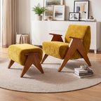 Linen Padded footstools Mid Century Modern Ottoman with Wood Frame, Lounge Upholstered Ottoman, Reading Chair, Sturdy Base, Suitable for Resting Your feet on a Lounge Chair Yellow