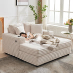 GarveeHome 60-inchOversized Chaise Lounge Chair Indoor, Comfy Corduroy Lounge Sofa with Charging Station, Cup Holders & Throw Pillows, Cozy Sleeper Couch for Living Room Apartments, Beige