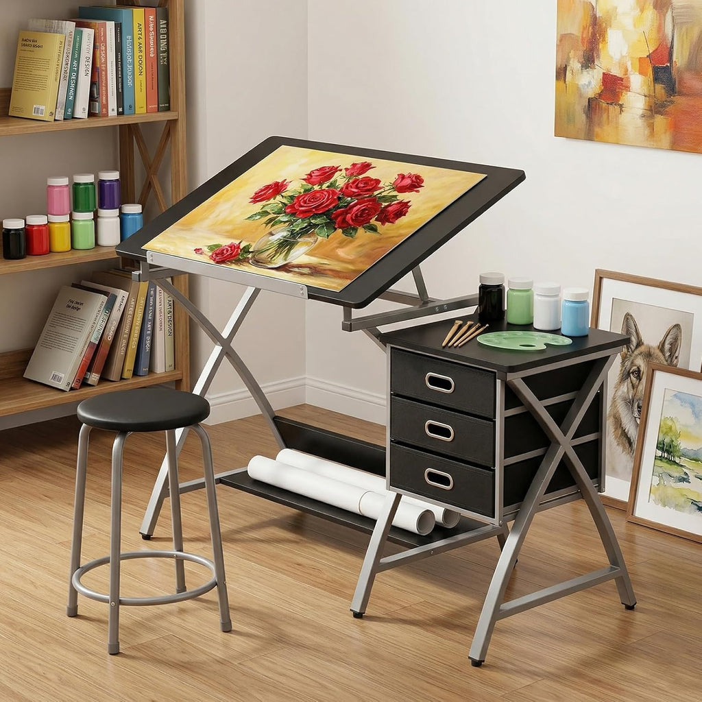 Drafting Table for Adults/Artists, Drawing Desk, Tabletop Adjustable Art/Craft Desk with Stool and 3 Slide Drawers, Sketching Painting Artwork Station for Art Studio Home Office School