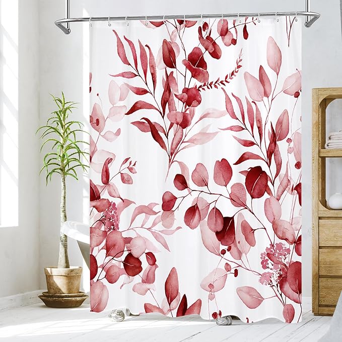 MitoVilla Red Spring Floral Shower Curtain, Modern Plants Botanical Fabric Cloth Shower Curtains for Chic Elegant Bathroom Decor, Summer Watercolor Eucalyptus Leaf, 72x72