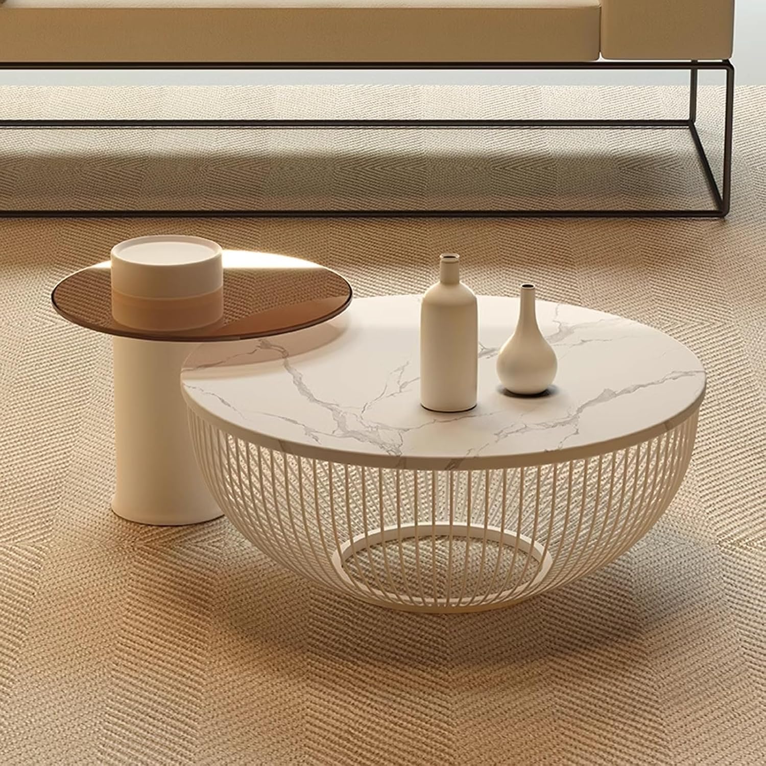 Round Nesting Coffee Table Set of 2, Modern Circular Tables with White Marble Rock Slab & Wood, End for Living Room, Bedroom, Space-Saving Side Tables(Textured White)