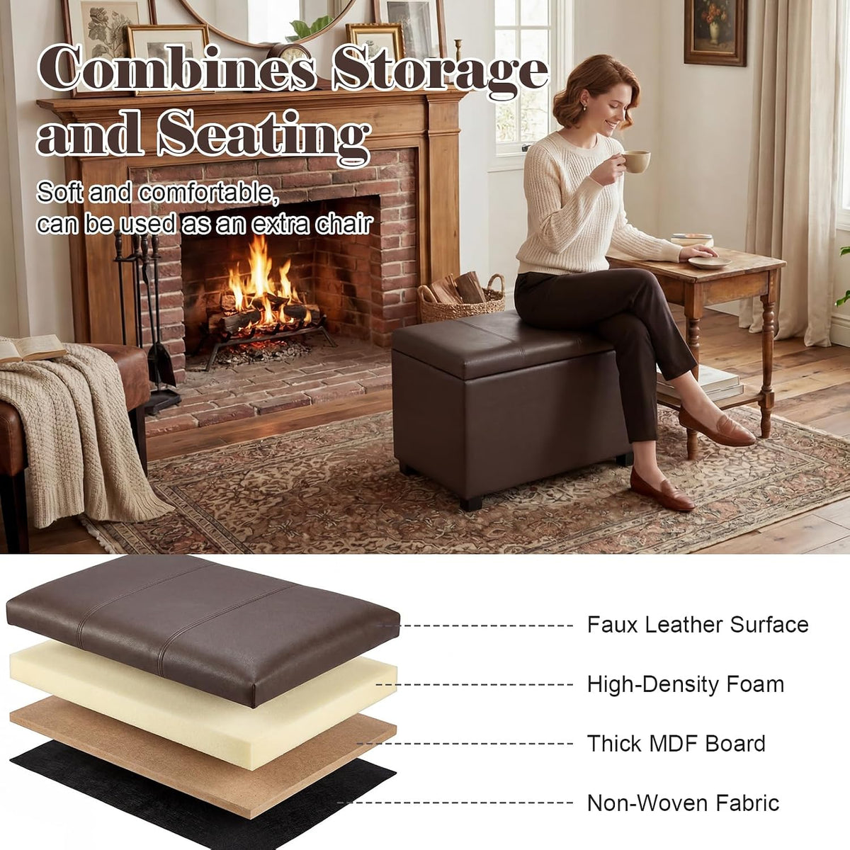 Joveco 24" Leather Storage Ottoman Bench, Rectangle Foot Rest Stool for Living Room, Bedroom, Entryway, Brown
