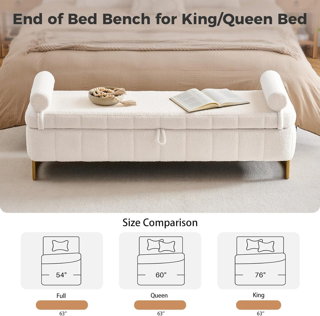63" Storage Ottoman Bench, End of Bed Ottoman with Storage, Large Ottomans for Foot of Bed with Gold Legs and Removable Pillows for Entryway, Living Room, Teddy Cream White