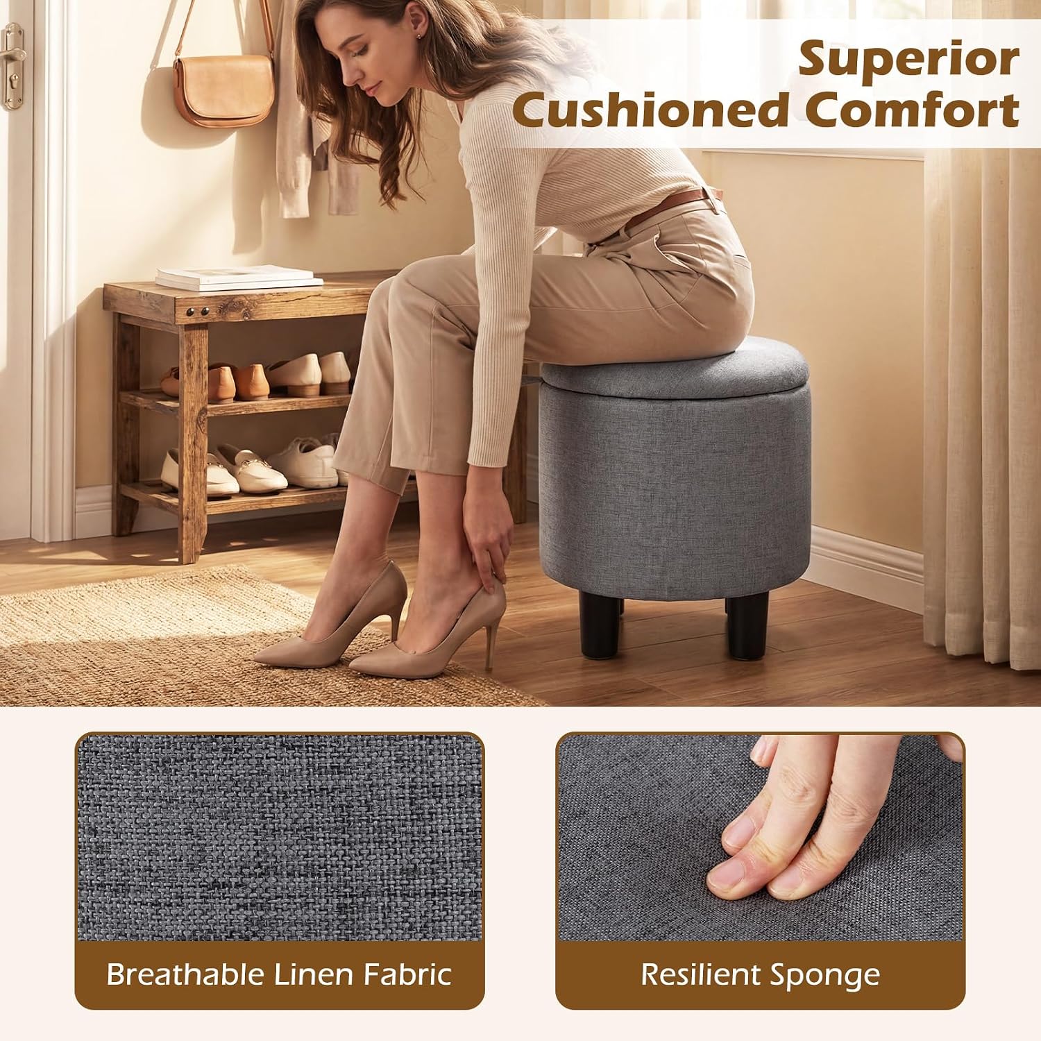 GIANTEX Round Storage Ottoman with Removable Lid & Sturdy Legs, Gray | Linen Fabric Upholstered Ottoman Foot Stool, Small Foot Rest for Living Room, Bedroom