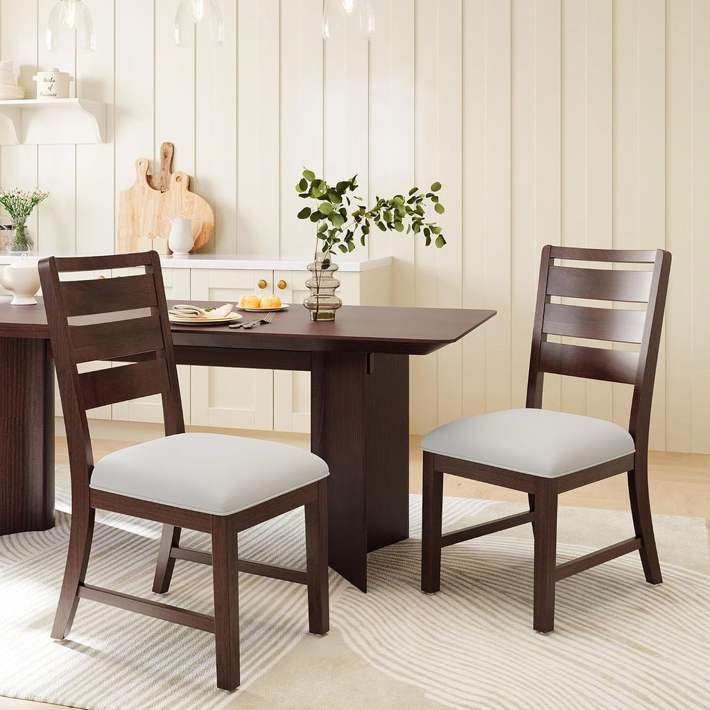 COLAMY Wooden Dining Chairs Set of 2, Farmhouse Upholstered Dining Room Chairs with 3.5" Thick Cushion, FSC Solid Wood Ladder Back Kitchen Chairs for Home and Restaurant, Easy Clean,Brown