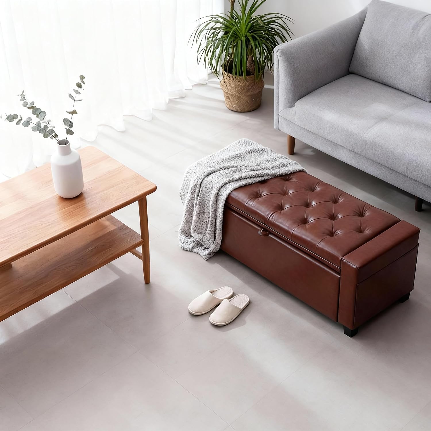 43.31'' Storage Ottoman Bench, Leather Upholstered Tufted Bedroom Bench with Storage, End of Bed Storage Bench for Living Room & Entryway, 350 lb Capacity, Leather Brown