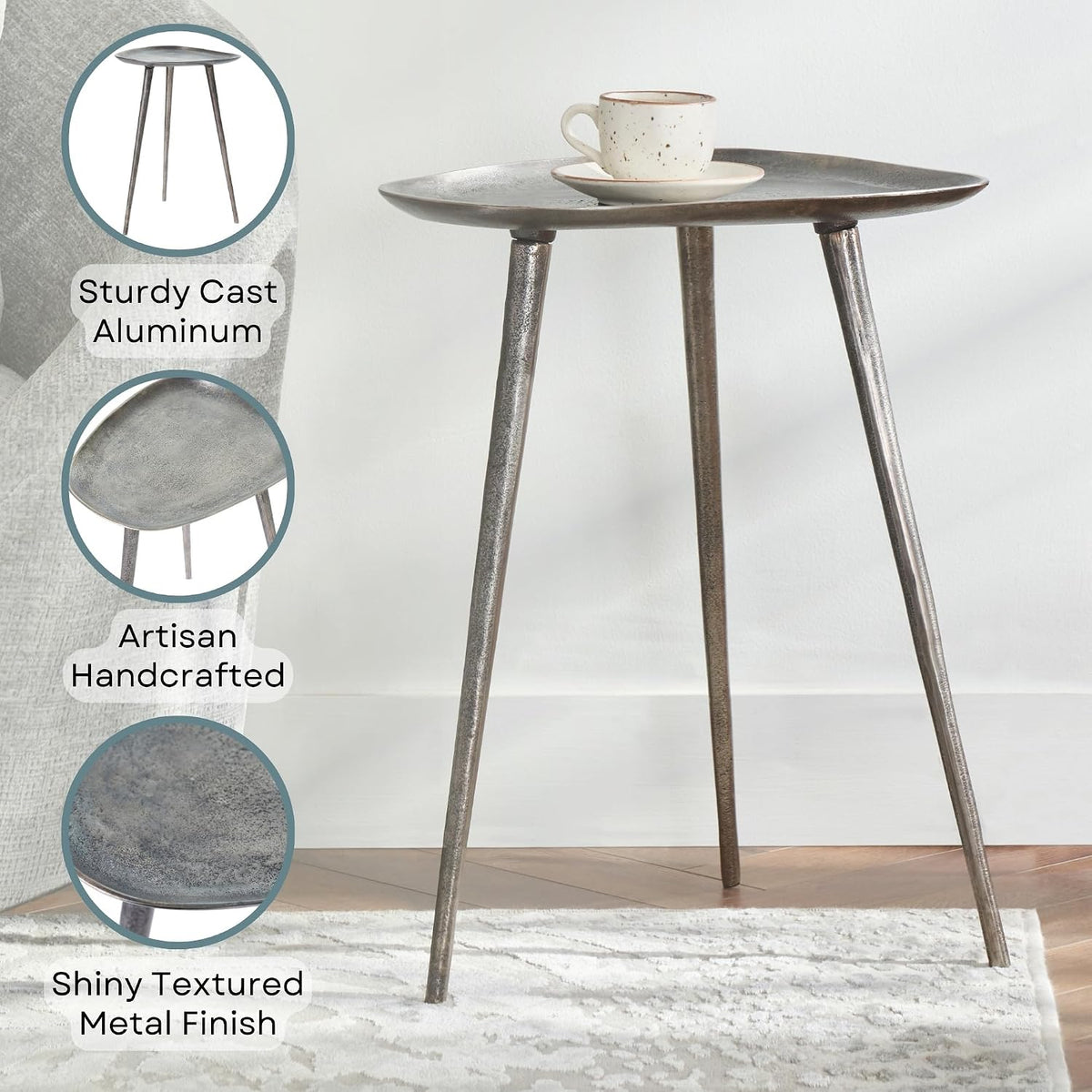 Convenience Concepts Bali Metal Tall End Table 16" - Tall Modern Artisan Handcrafted Living Room Table, Unique Cast Metal Family Room Side Table, Bohemian Cocktail Style, Antique Silver